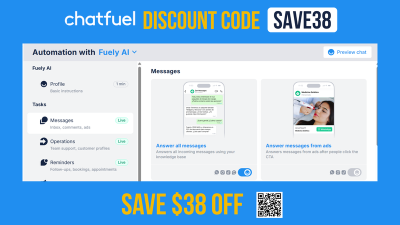 Chatfuel Coupon Code SAVE38 - $38 OFF all plans
