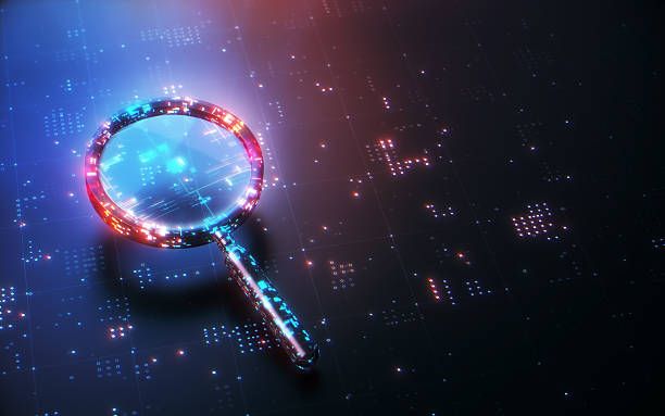 Digital Glitter Magnifying Glass on Technological Background, Search Engine Solution analysis Concept 3d render Digital Glitter Magnifying Glass on Technological Background, Search Engine Solution analysis Concept (Depth of Field) internet serch stock pictures, royalty-free photos & images