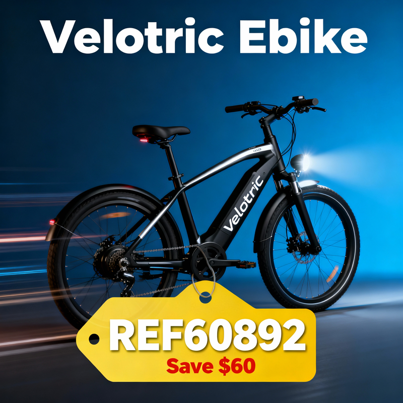 Velotric Discover 1 electric bike in grey, showing the $60 discount applied at checkout with code REF60892.