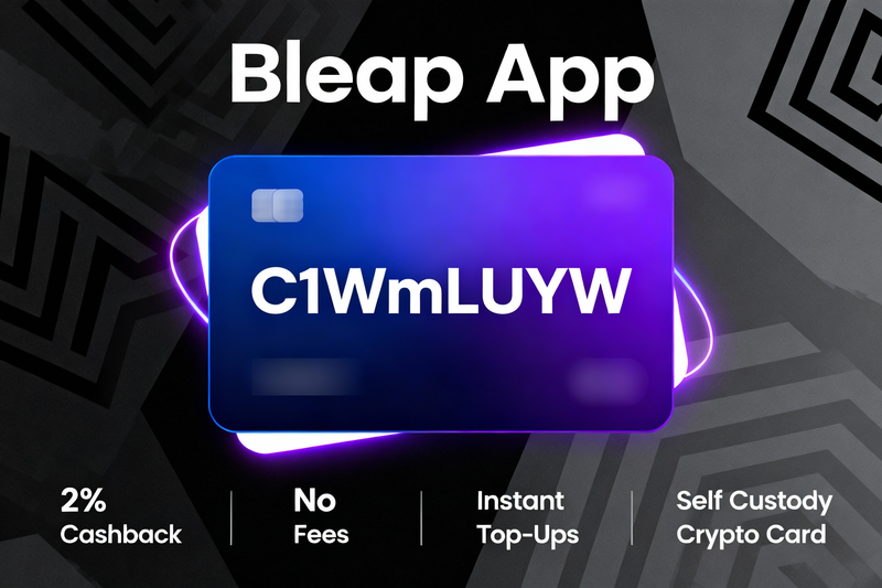 Bleap App interface showing the self-custody wallet dashboard and 2% cashback active status, unlocked with code C1WmLUYW